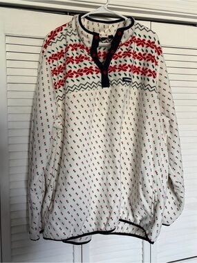Lands' End White Fleece Pullover with Red and Green Fair Isle